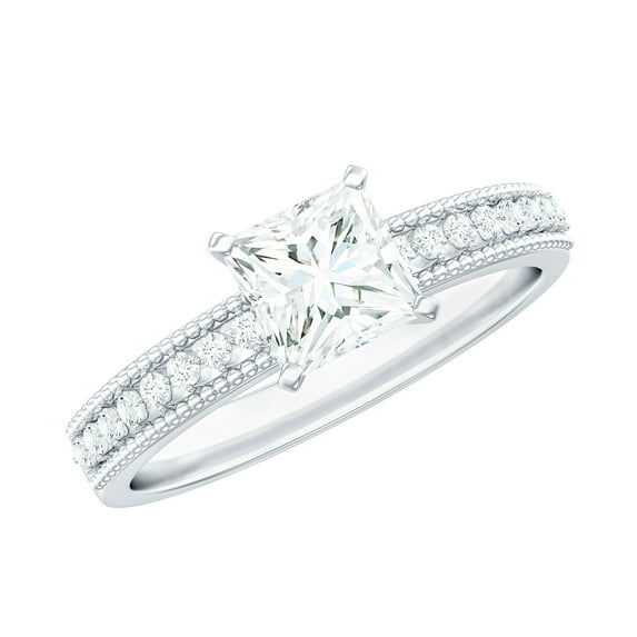 Rosec Jewels Princess Cut Moissanite Engagement Ring with Side Stones - 5 mm - D-VS1 Grade, 18K White Gold, US 6.00