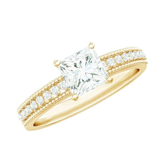 Rosec Jewels Princess Cut Moissanite Engagement Ring with Side Stones - 5 mm - D-VS1 Grade, 18K Yellow Gold, US 13.00