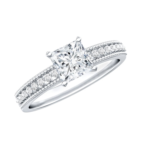 Rosec Jewels Princess Cut Moissanite Engagement Ring with Side Stones - 5 mm - D-VS1 Grade, 925 Sterling Silver, US 4.00