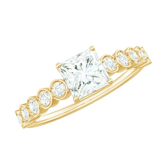 Rosec Jewels Princess Cut Moissanite Engagement Ring with Side Stones - 5 mm - D-VS1 Quality, 18K Yellow Gold, US 7.50