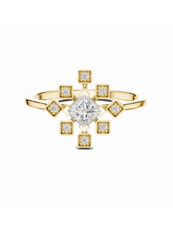 Princess Cut Moissanite Geometric Starburst Ring - 14k Rose Gold Plated Silver - Unique Square Cluster Snowflake Statement Ring for Women