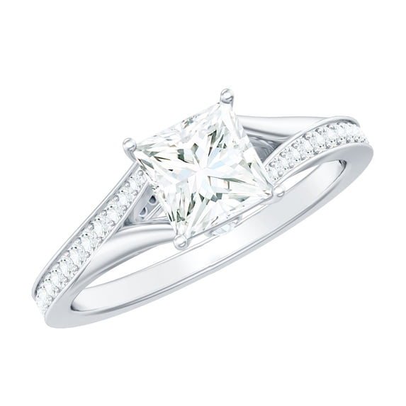 Rosec Jewels Moissanite Princess Cut Engagement Ring 1 Carat - D-VS1 Quality Certified Moissanite Split Shank Ring, 10K White Gold, US 11.50