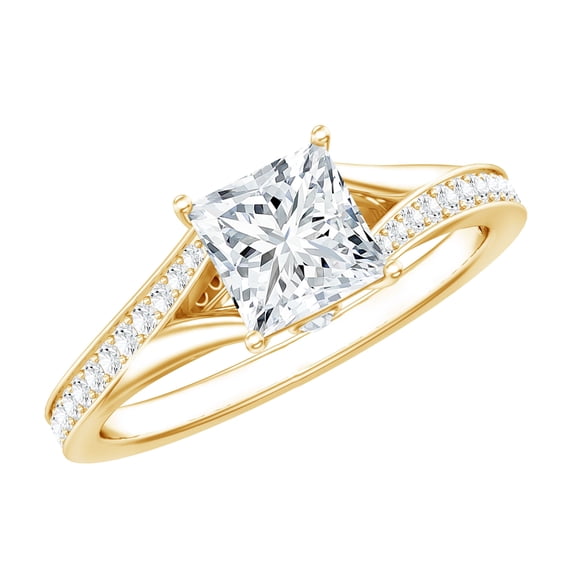 Rosec Jewels Moissanite Princess Cut Engagement Ring 1 Carat - D-VS1 Quality Certified Moissanite Split Shank Ring, 10K Yellow Gold, US 8.50