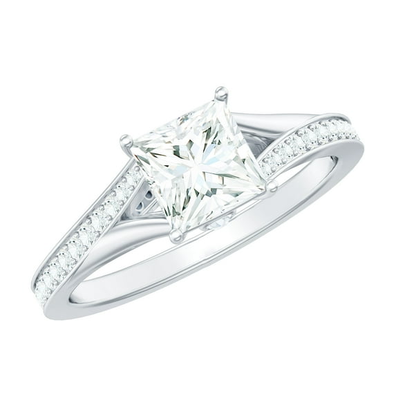 Rosec Jewels Moissanite Princess Cut Engagement Ring 1 Carat - D-VS1 Quality Certified Moissanite Split Shank Ring, 18K White Gold, US 6.00