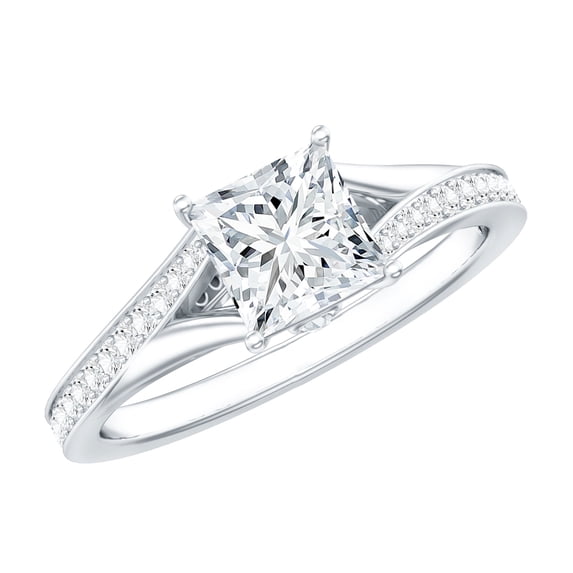 Rosec Jewels Moissanite Princess Cut Engagement Ring 1 Carat - D-VS1 Quality Certified Moissanite Split Shank Ring, 925 Sterling Silver, US 4.00