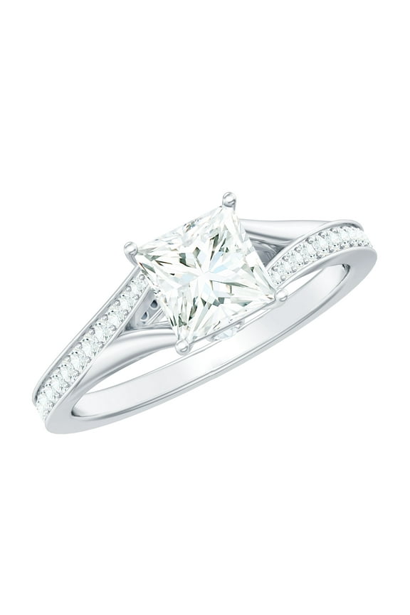 Moissanite Princess Cut Engagement Ring 1 Carat - D-VS1 Quality Certified Moissanite Split Shank Ring, 925 Sterling Silver, US 4.00