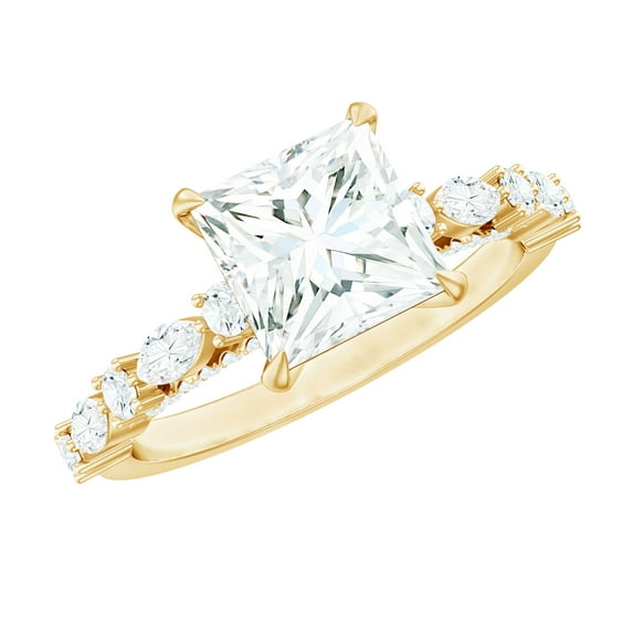 Rosec Jewels Certified Moissanite Princess Cut Engagement Ring with Side Stones - 3 Carat Moissanite Ring - D-VS1 Grade, 18K Yellow Gold, US 13.00