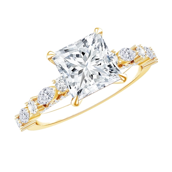 Rosec Jewels Certified Moissanite Princess Cut Engagement Ring with Side Stones - 3 Carat Moissanite Ring - D-VS1 Grade, 18K Yellow Gold, US 13.00