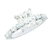 Rosec Jewels Certified Moissanite Princess Cut Engagement Ring with Side Stones - 3 Carat Moissanite Ring - D-VS1 Grade, 925 Sterling Silver, US 4.00