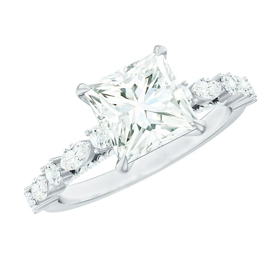 Rosec Jewels Certified Moissanite Princess Cut Engagement Ring with Side Stones - 3 Carat Moissanite Ring - D-VS1 Grade, 925 Sterling Silver, US 4.00