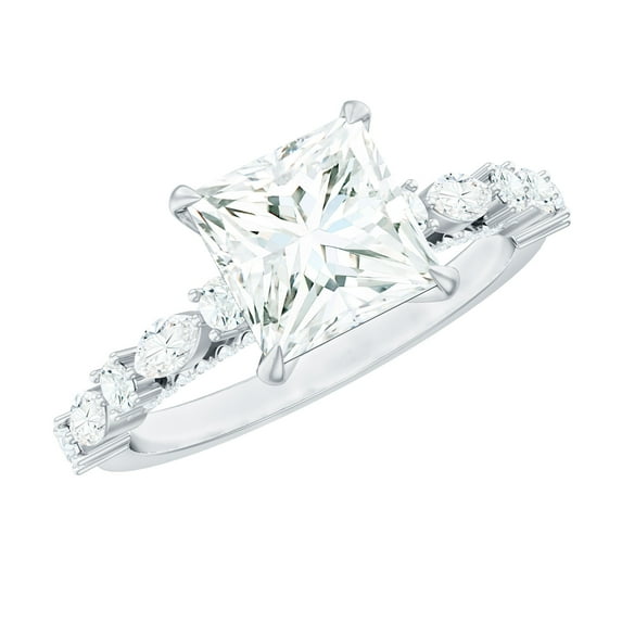 Rosec Jewels Certified Moissanite Princess Cut Engagement Ring with Side Stones - 3 Carat Moissanite Ring - D-VS1 Grade, 925 Sterling Silver, US 4.00