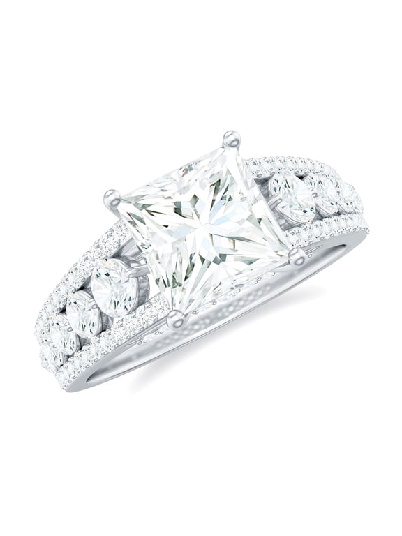 Moissanite Princess Cut Engagement Ring with Side Stones - 8 mm - 3 Ct - D-VS1 Quality Certified, 925 Sterling Silver, US 4.00