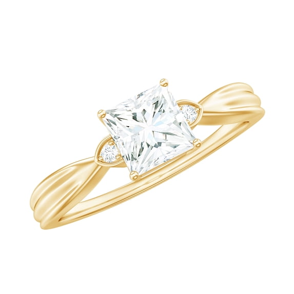 Rosec Jewels Certified Moissanite Promise Ring - 5 mm Princess Cut Moissanite Ring - D-VS1 Quality, 14K Yellow Gold, US 7.50