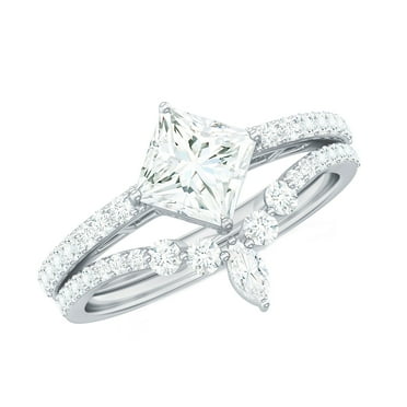 Rosec Jewels Princess Cut Moissanite Solitaire Ring Set for Women - Designer Wedding Ring Set, 925 Sterling Silver, US 7.00