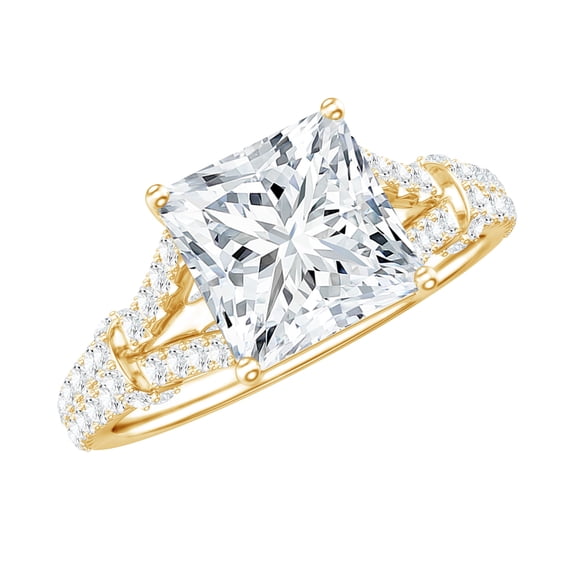 Rosec Jewels Princess Cut Moissanite Split Shank Engagement Ring 2 Ct - 7 mm - D-VS1 Grade, 14K Yellow Gold, US 12.50