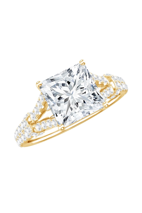 Princess Cut Moissanite Split Shank Engagement Ring 2 Ct - 7 mm - D-VS1 Grade, 14K Yellow Gold, US 4.50