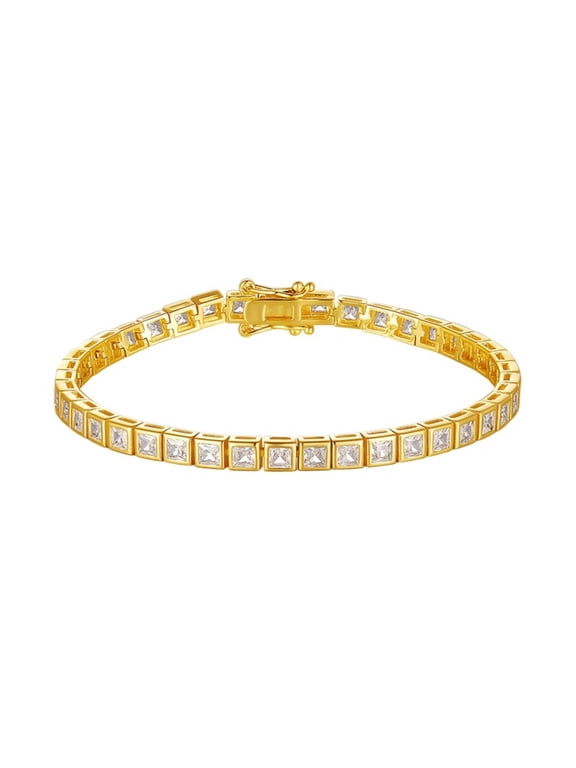 Princess Cut Moissanite Tennis Bracelet Men Lab Grown Diamond Bracelets for Women Wedding 18K Gold Plated Silver Diamond Tennis Bangle for Brides Moissanite Jewelry
