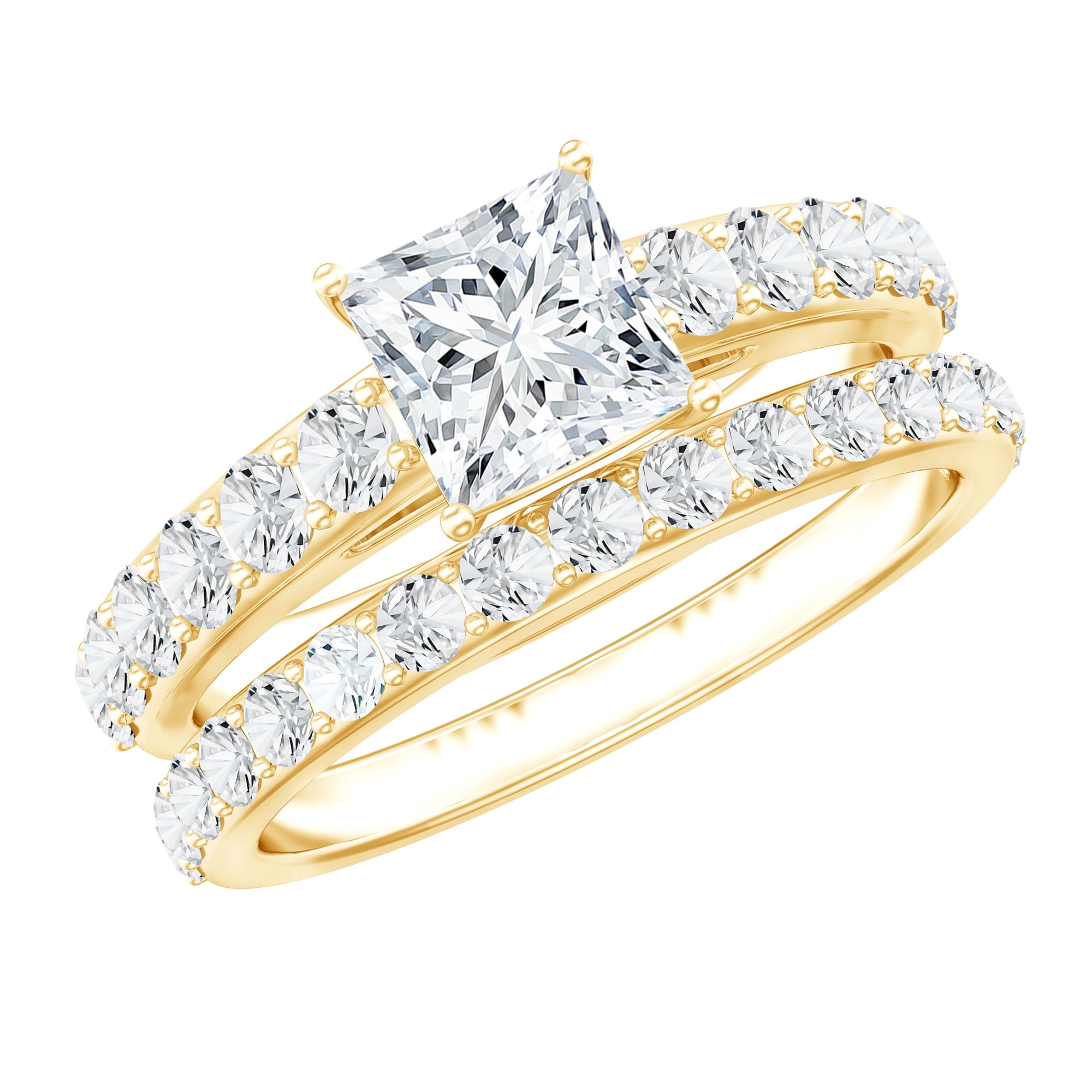 Rosec Jewels Princess Cut Moissanite Wedding Ring Set for Women - D-VS1 Quality - Moissanite Engagement Ring with Enhancer, 10K Yellow Gold, US 7.50