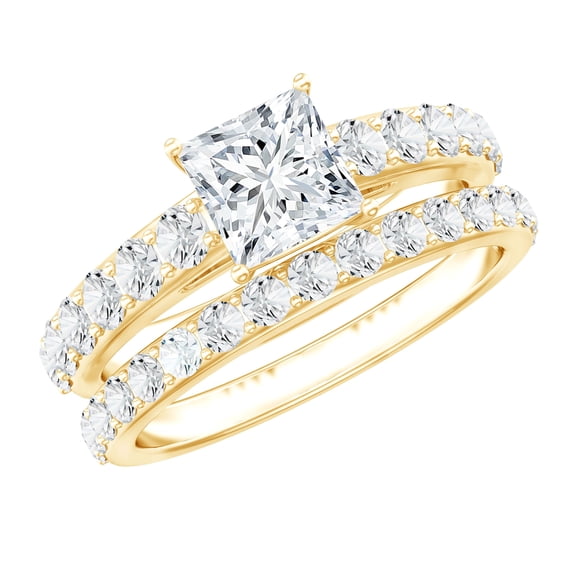 Rosec Jewels Princess Cut Moissanite Wedding Ring Set for Women - 6 mm - D-VS1 Grade, 18K Yellow Gold, US 8.50