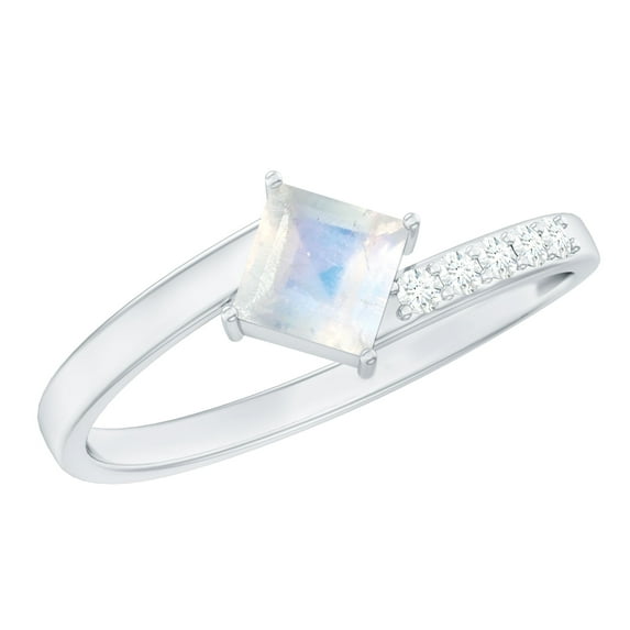 Rosec Jewels Princess Cut Moonstone Promise Ring with Diamond - Bypass Ring - AAA Quality - Ready to Gift for Valentines, 18K White Gold, US 3.50