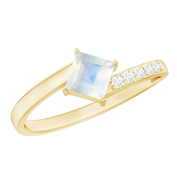 Rosec Jewels Princess Cut Moonstone Promise Ring with Diamond - Bypass Ring - AAA Quality - Ready to Gift for Valentines, 18K Yellow Gold, US 10.50