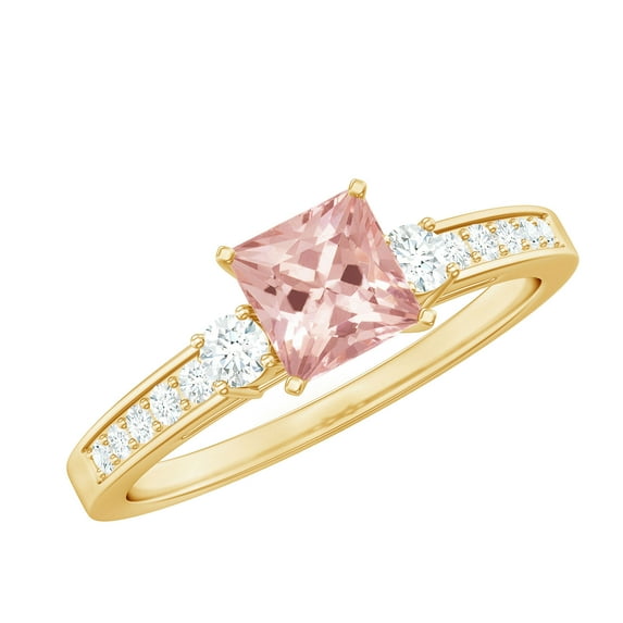 Rosec Jewels Princess Cut Morganite Ring with Diamond for Women - AAA Quality, 14K Yellow Gold, US 5.00