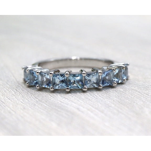 Princess Cut Natural Aquamarine Eternity Band Ring, 4 mm Half Eternity Ring, Engagement Ring, Stackable Band, Square Cut Ring, HIGH QUALITY