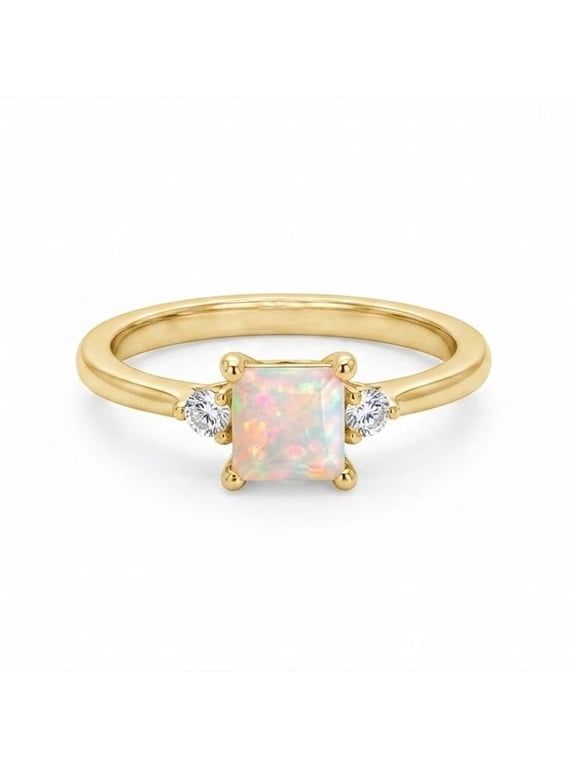 Princess Cut Opal & Moissanite 925 Sterling Silver Yellow Gold Plated Promise Band Ring, Engagement Ring, October Birthstone Elegant Statement Ring