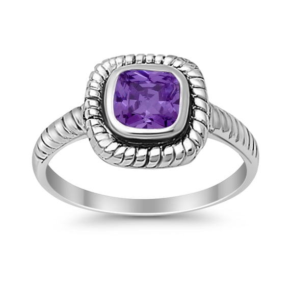Princess Cut Oxidized Design Amethyst CZ Ring 925 Sterling Silver Size 9
