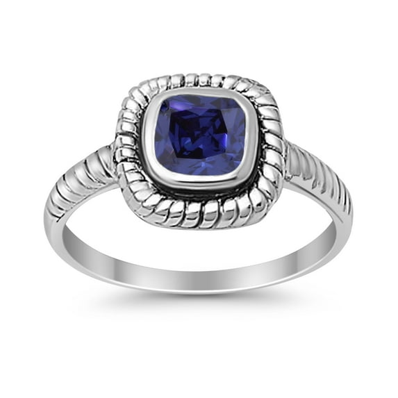 Princess Cut Oxidized Design Blue Sapphire CZ Ring 925 Sterling Silver Size 9