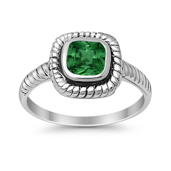 Princess Cut Oxidized Design Green Emerald CZ Ring 925 Sterling Silver Size 6