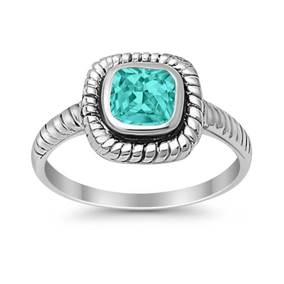 Princess Cut Oxidized Design Paraiba Tourmaline CZ Ring 925 Sterling Silver Size 4