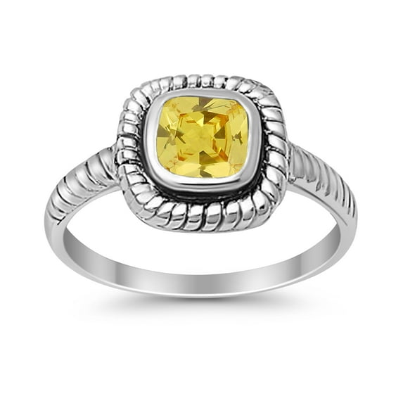 Princess Cut Oxidized Design Yellow CZ Ring 925 Sterling Silver Size 10