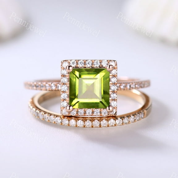 Princess Cut Peridot Ring,Rose Gold Peridot Engagement Ring Set 925 Sterling Silver ring