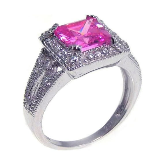 Princess Cut Pink And Clear Cluster Cubic Zirconia Ring Rhodium Plated Sterling Silver Size 5