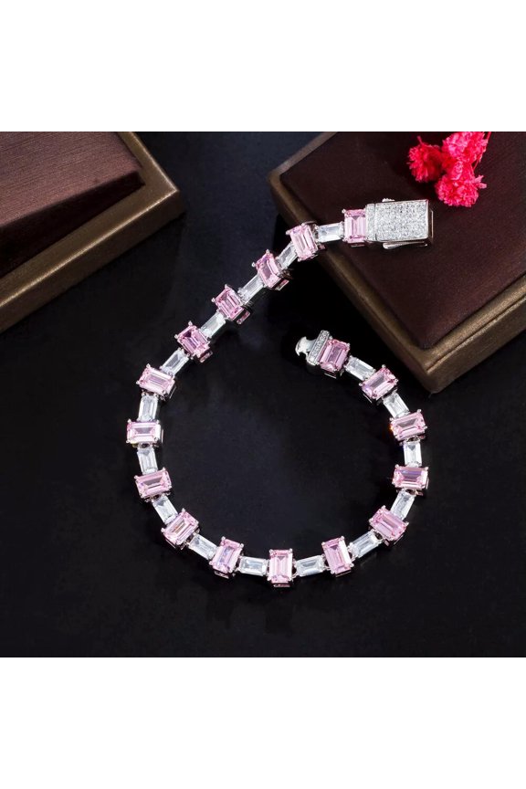Princess Cut Pink CZ Amerian Crystal Link Chain Bracelet Fashion Brand Jewellery