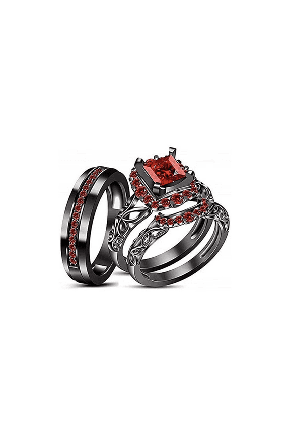 Princess Cut Red Ruby Wedding Engagement Trio Ring Set in 14K Black Gold Plated - Ring For Unisex