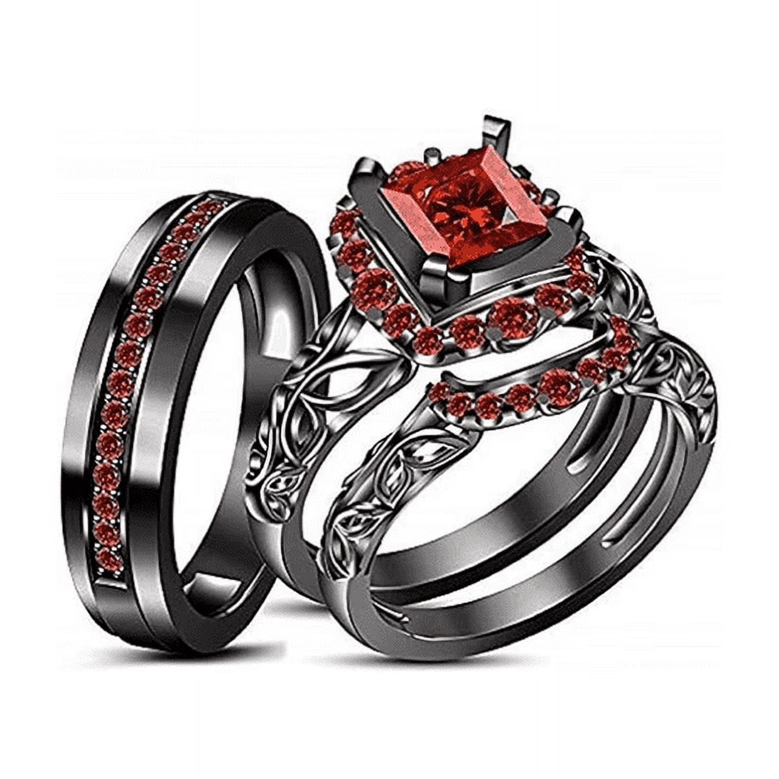 Princess Cut Red Ruby Wedding Enga
gement Trio Ring Set in 14K Black Princess Cut Red Ruby Wedding Engagement Trio Ring Set in 14K Black