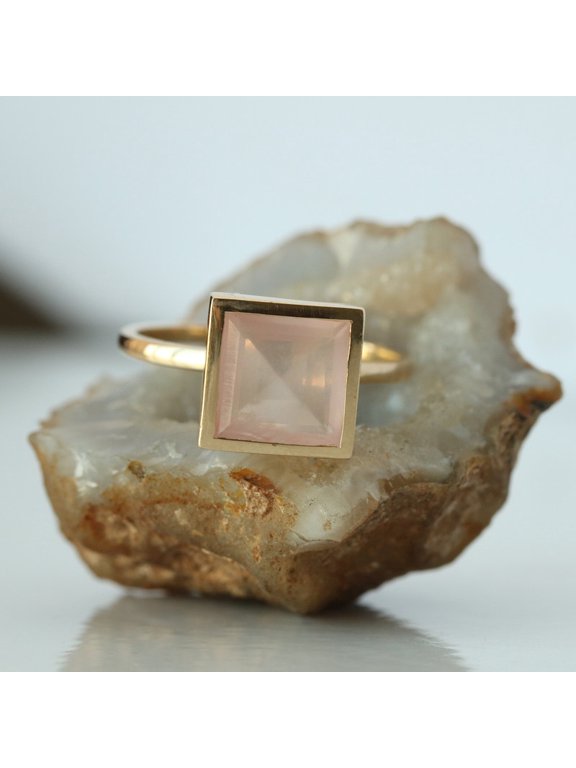 Princess Cut Rose quartz Solitaire Ring, 925 Sterling Silver Engagement Ring, Minimalist Ring, Handmade Fine Jewelry. Bezel Setting.