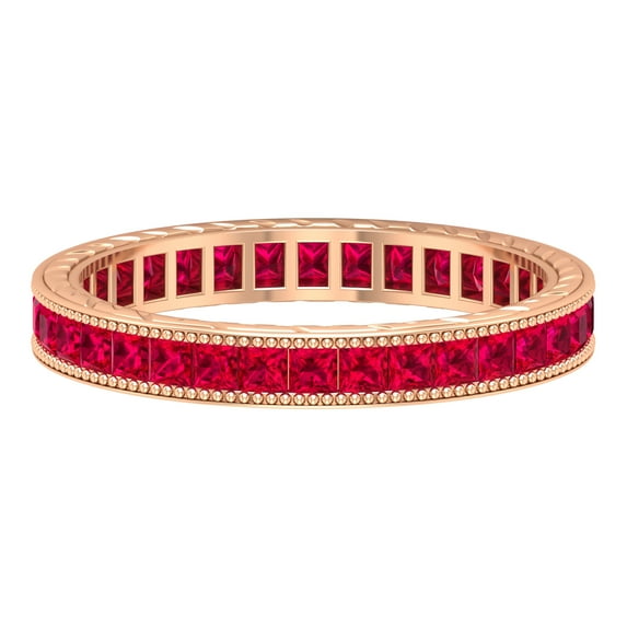 Rosec Jewels Princess Cut Ruby Eternity Ring for Women - AAA Quality - July Birthstone Ring, 10K Rose Gold, US 4.00
