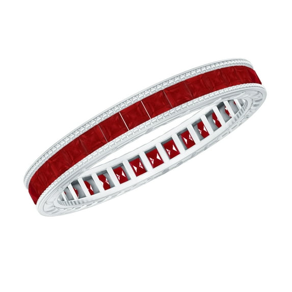 Rosec Jewels Princess Cut Ruby Eternity Ring for Women - AAA Quality - July Birthstone Ring, 14K White Gold, US 6.00