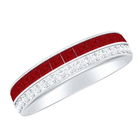 Rosec Jewels Natural Ruby Half Eternity Wedding Band (AAA Quality) - 2 Row Ruby Diamond Ring for Women - with Jewelry Box, 10K White Gold, US 6.00