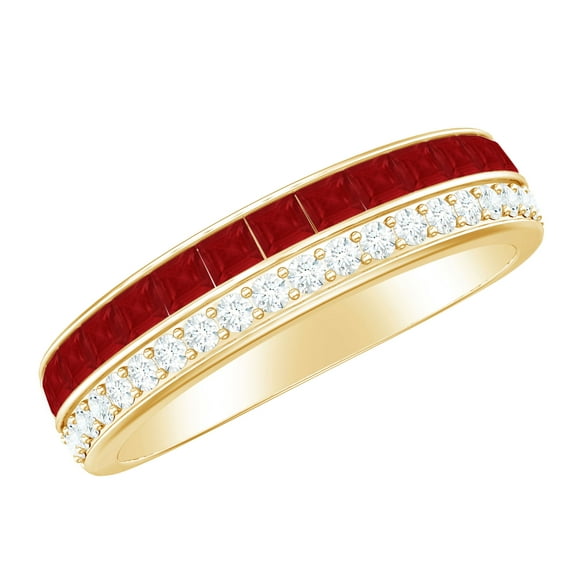 Rosec Jewels Natural Ruby Half Eternity Wedding Band (AAA Quality) - 2 Row Ruby Diamond Ring for Women - with Jewelry Box, 14K Yellow Gold, US 4.50