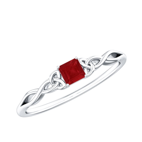 Rosec Jewels Real Princess Cut Ruby Promise Ring for Women - Celtic Knot Ring - AAA Quality - Ready to Gift with Jewelry Box, 10K White Gold, US 7.00