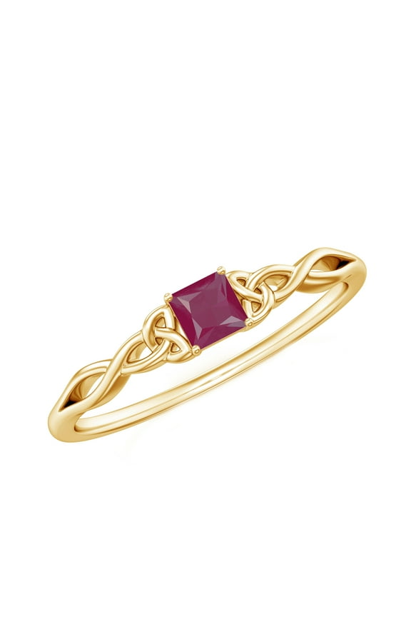 Real Ruby Promise Ring for Women - Celtic Knot Ring - AAA Grade 4 mm Princess Cut Ring - Ready to Gift for Valentines Day, 10K Yellow Gold, US 5.00