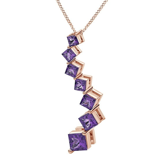 AFFY Princess Cut Simulated Amethyst Zig Zag Journey Pendant Necklace In 14k Solid Rose Gold (0.49 Cttw)
