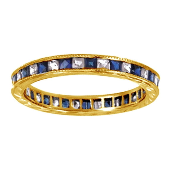 AFFY Princess Cut Simulated Blue Sapphire & Natural Diamond Eternity Band Ring 14K Yellow Gold, Ring Size-12.5