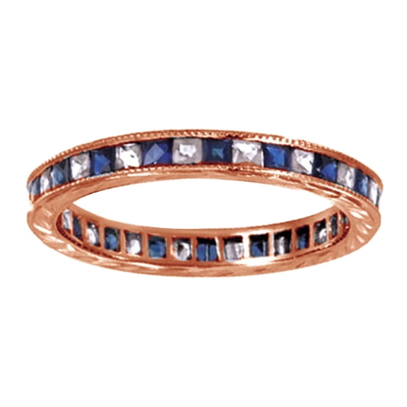 AFFY Princess Cut Simulated Blue Sapphire & Natural Diamond Eternity Band Ring In 14K Rose Gold, Ring Size-4