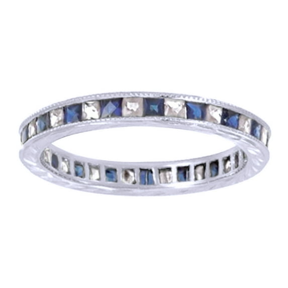 Princess Cut Simulated Blue Sapphire & Natural Diamond Eternity Band Ring In 14K White Gold, Ring Size-9
