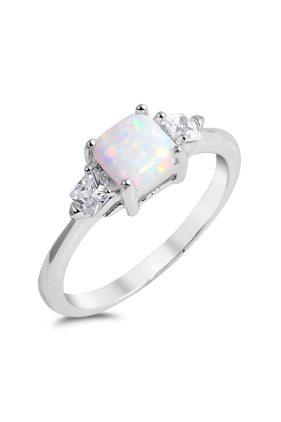 Princess Cut Simulated Opal Cubic Zirconia Ring Sterling Silver 925